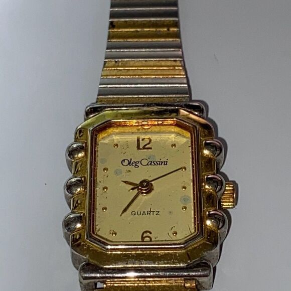Oleg Cassini Women's Gold Silver Tone Band Rectangle Face Quartz Watch OS - Picture 1 of 13